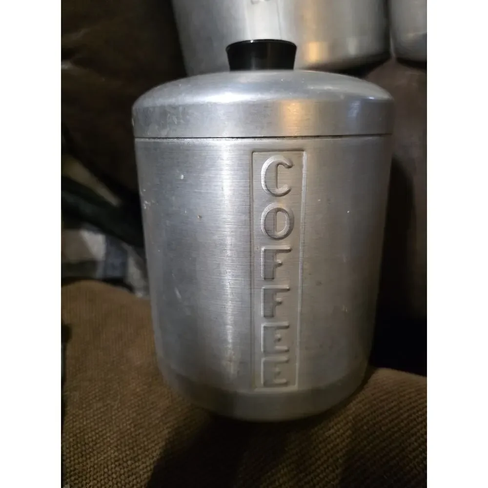 Vintage Mid Century Aluminum Kitchen Canister Set Flour Sugar Coffee Tea Grease